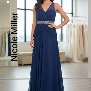 Women's Nicole Miller Royal Blue Maxi Dress with Silver Embellishment Size 8
